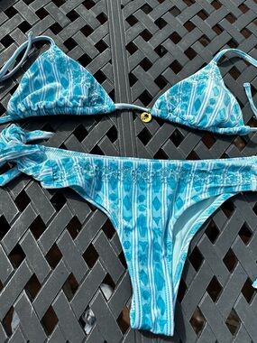 Blue Patterned Triangle String Bikini Set